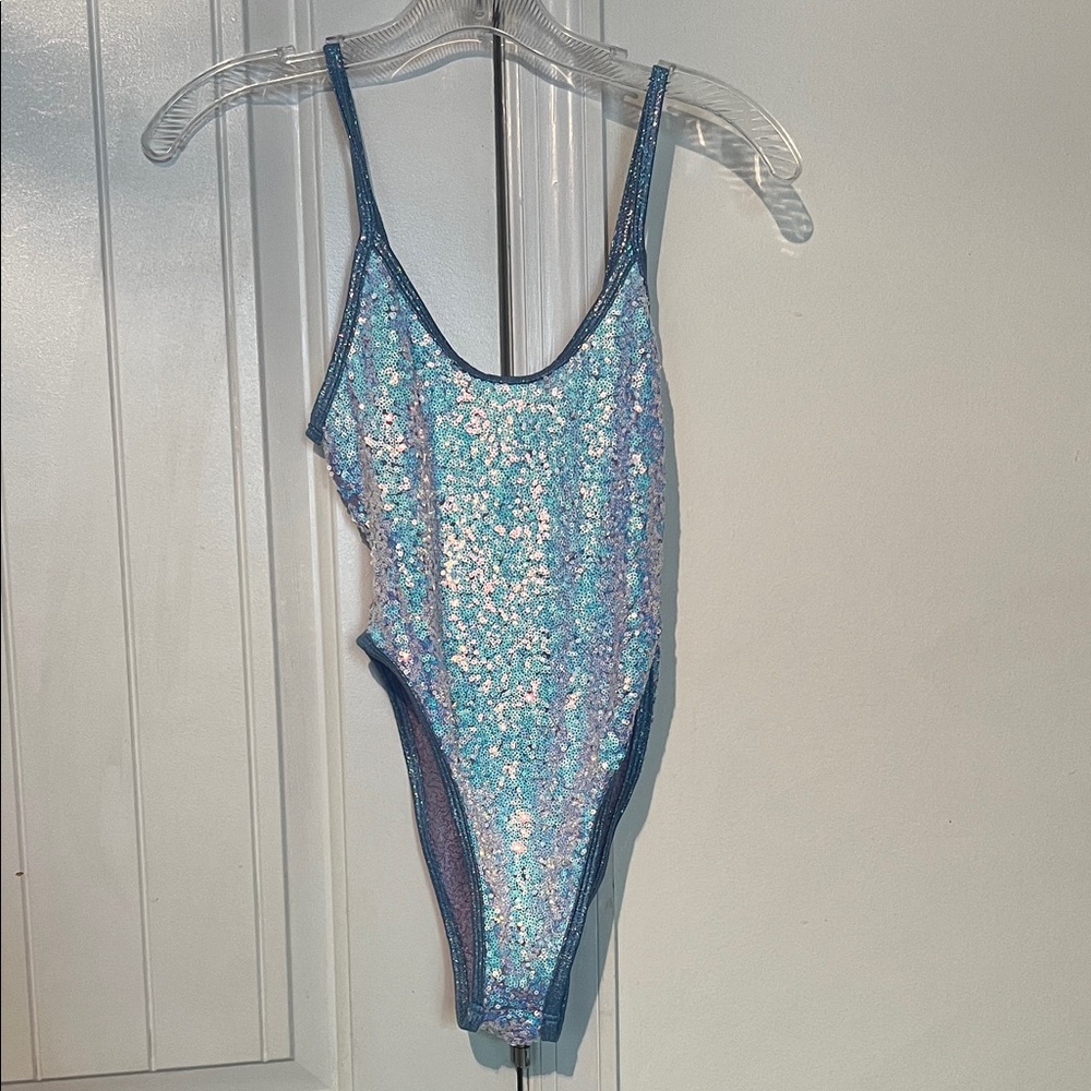 J Valentine Holographic Sequins Bodysuit M/L high cut blue/purple iridescent